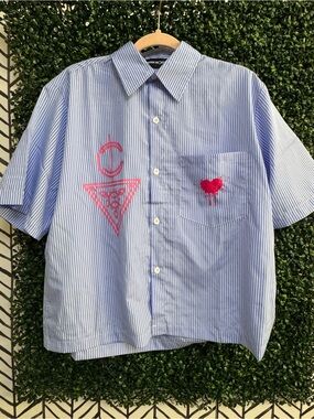 Striped Button-Down boxy oversized Short Sleeve Shirt with Pink Heart Detail